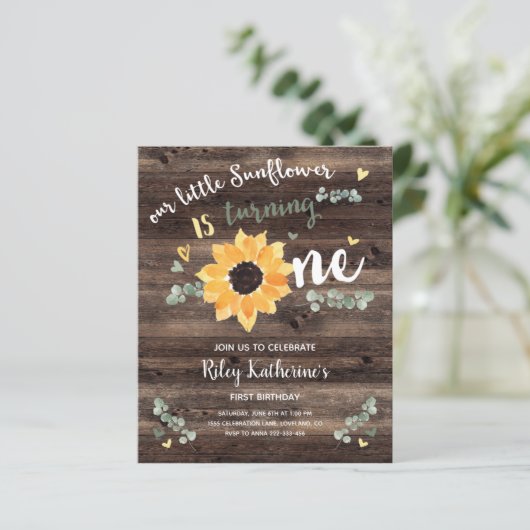Budget Rustikale Sonnenblume 1. Geburtstag Einladu (Stehend Vorderseite)