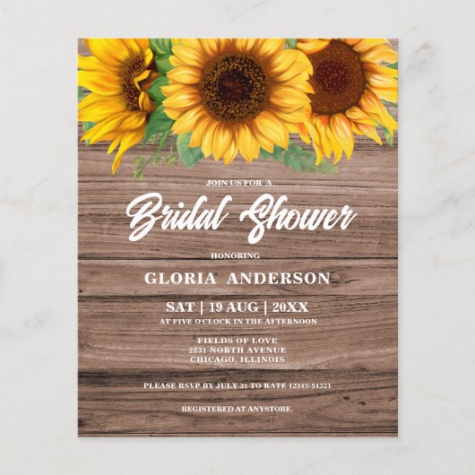 Budget Rustikale Sonnenblume Brautdusche Einladung (Vorderseite)