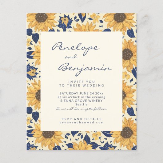 Budget Rustikale Sonnenblume Gelb Blauer Hochzeits (Vorderseite)