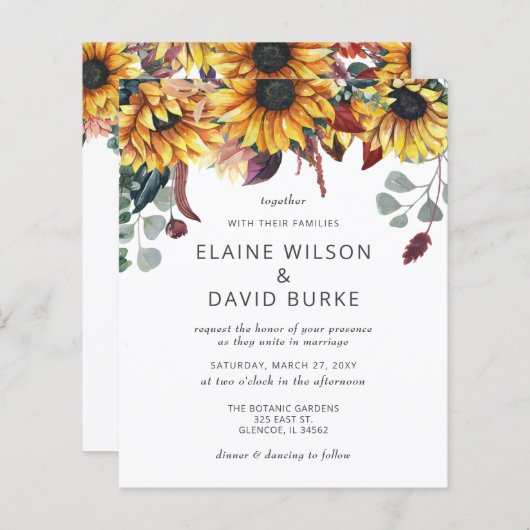 Budget Rustikale Sonnenblumen Einladung Hochzeit (Vorne/Hinten)