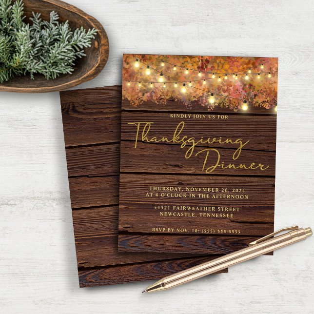 Budget Rustikaler Erntedank String Lights Wood (Budget Rustic Thanksgiving String Lights Wood Dinner Invitation)