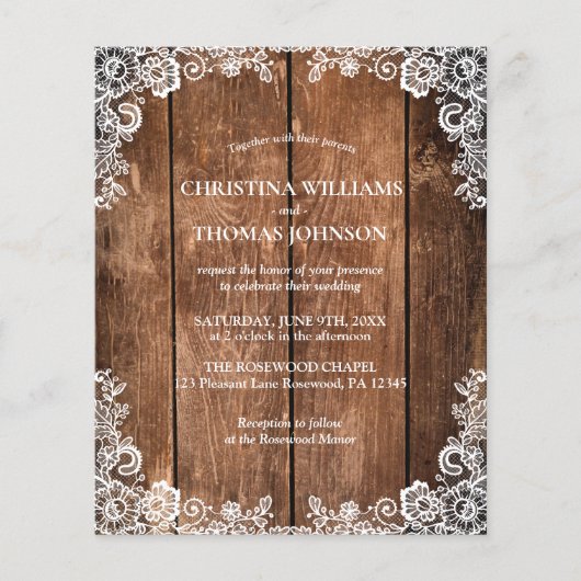 Budget Rustikales Holz Spitzenplatz Land Einladung (Vorderseite)