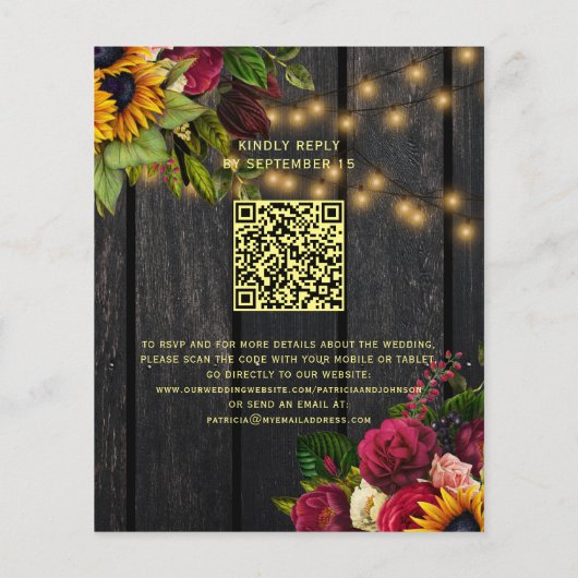 Budget rustikales Land Holz QR Hochzeit Einladung (Rückseite)
