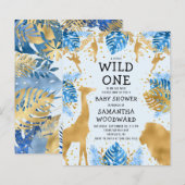 Budget Safari Blue Gold Boy Baby Dusche Einladung (Vorne/Hinten)