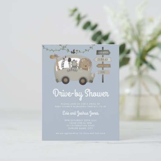Budget Safari Drive by Baby Shower Dusty Blue (Stehend Vorderseite)