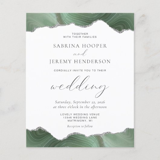 Budget Sage Green Agate Silver Wedding Einladung (Vorderseite)