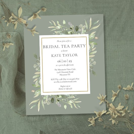 Budget Sage Green Foliage Bridal Tee Party Einladu