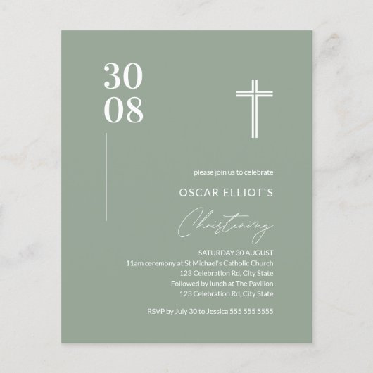 Budget Sage Green Minimalistisch Christening Einla (Vorderseite)
