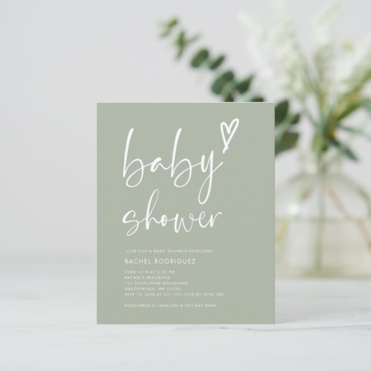 Budget Sage Green Script Heart Baby Showeinladung (Stehend Vorderseite)