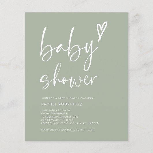 Budget Sage Green Script Heart Baby Showeinladung (Vorderseite)