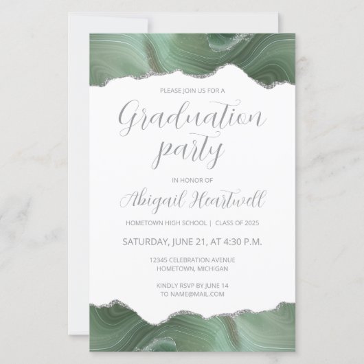 Budget Sage Green Silver Agate Grad Party Einladun (Vorderseite)