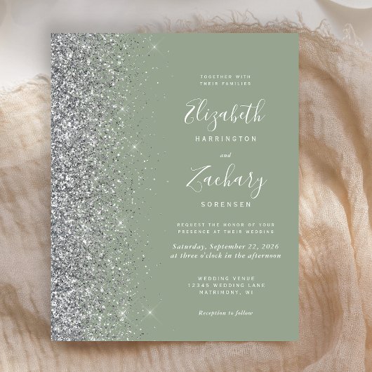 Budget Sage Green Silver Glitzer Hochzeit Einladun