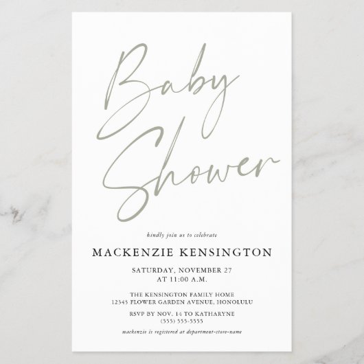 Budget Sage Green Simple Script Baby Dusche FLYER (Vorne)