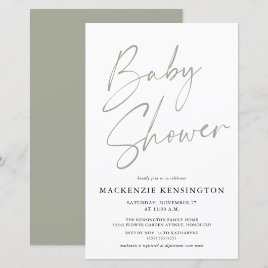 Budget Sage Olive Green Simple Script Baby Dusche (Vorne/Hinten)