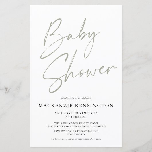 Budget Sage Olive Green Simple Script Baby Dusche (Vorderseite)