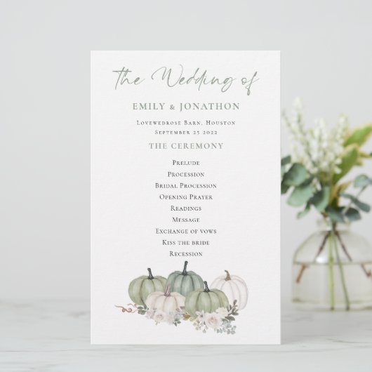 Budget Sage Pumpkins Cream Florals Wedding Program (Stehend Vorderseite)