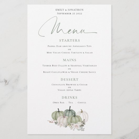 Budget Sage Pumpkins Fall Florals Wedding Menü (Vorderseite)