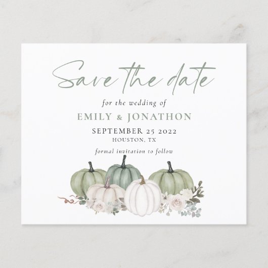 Budget Sage Pumpkins Florals QR-Code Save the Date (Vorderseite)