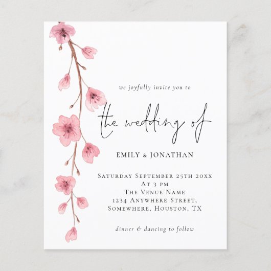 Budget Sakura Cherry Blossom Hochzeitseinladung (Vorderseite)
