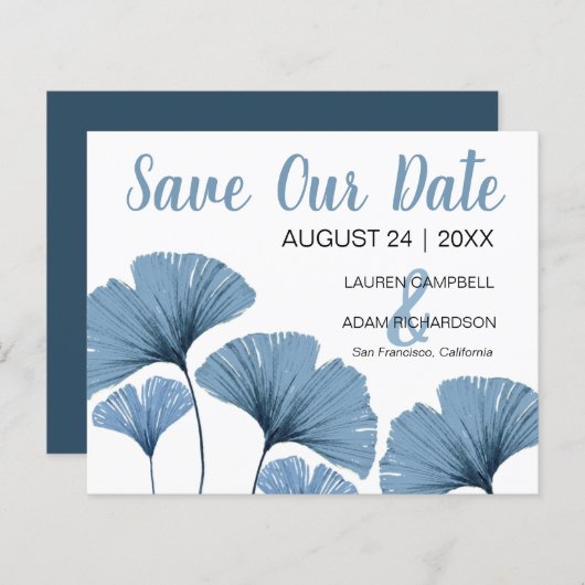 Budget Save the Date Blue & White Foliage Hochzeit (Vorne/Hinten)