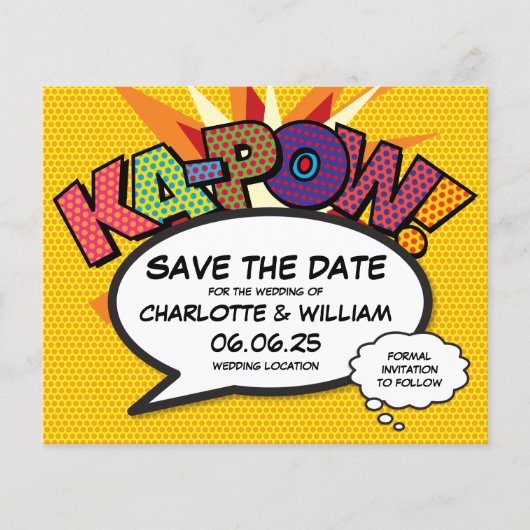 Budget Save the Date Comic Buch KA-POW Spaß (Vorderseite)