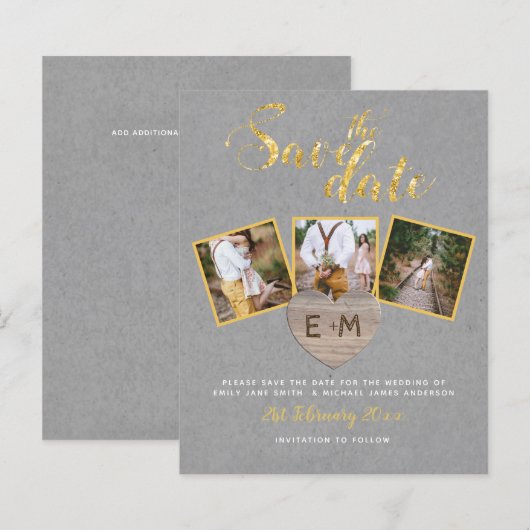 Budget Save the Date Gray Gold Collage (Vorne/Hinten)