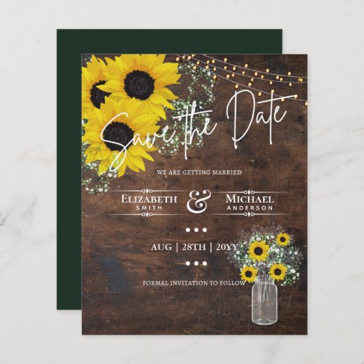 BUDGET Save the Date Rustic Sunflowers Mason Jar (Vorne/Hinten)