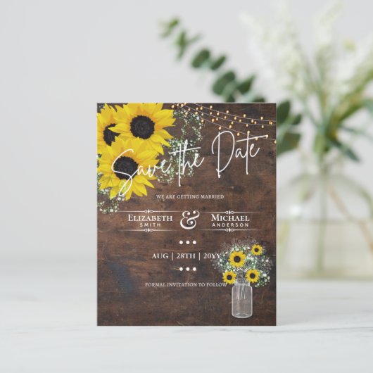 BUDGET Save the Date Rustic Sunflowers Mason Jar (Stehend Vorderseite)