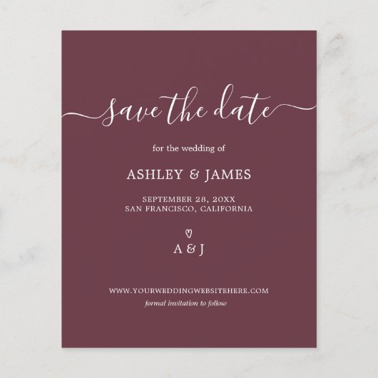 Budget Save the Date Script Burgundy Foto Flyer (Hinten)