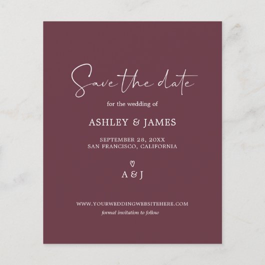 Budget Save the Date Script Burgundy Foto Flyer (Hinten)