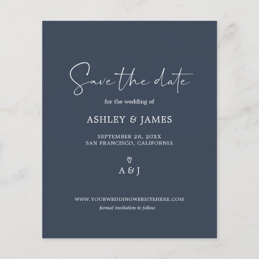 Budget Save the Date Script Dark Blue Foto Flyer (Hinten)