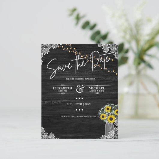 BUDGET Save the Date Spitzen Sonnenblumen Hochzeit (Stehend Vorderseite)