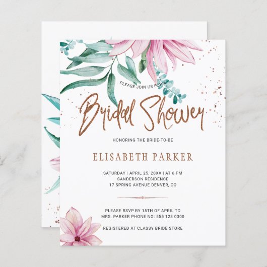 Budget schicke Blumendusche in Rosa Braut Einladun (Vorne/Hinten)