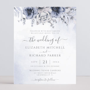 Budget Schmutzigblaue Navy-Blumen-Hochzeitseinladu