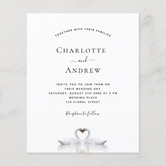 Budget Schwan Ehepaar weiße Hochzeit Einladung (Vorderseite)