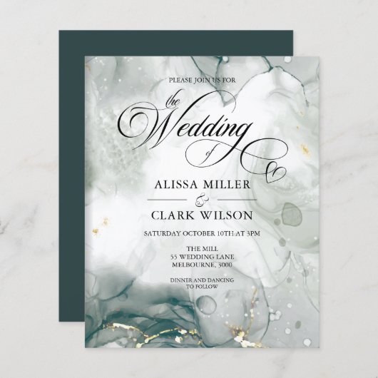 BUDGET Schwarz-Weiß Wasserfarbe Hochzeit Einladung (Vorne/Hinten)