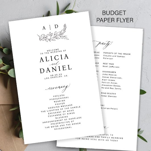 Budget schwarz-weißes Monogramm-Hochzeitsprogramm Flyer