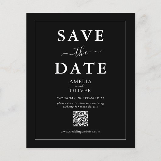 Budget-Schwarzer-QR-Code-Hochzeit-Einladung-vorab Flyer (Vorne)