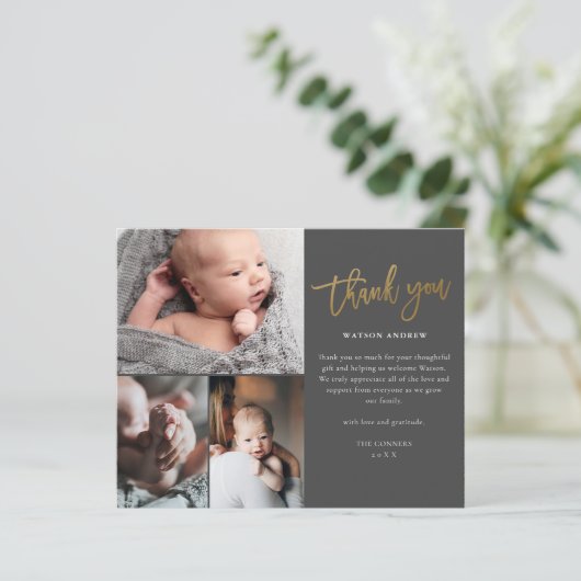 Budget Script 3 Foto Baby Danke Karte (Stehend Vorderseite)