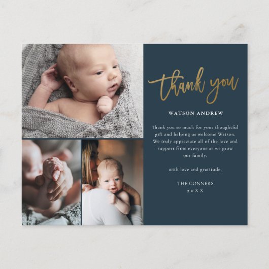 Budget Script 3 Foto Baby Danke Karte (Vorderseite)