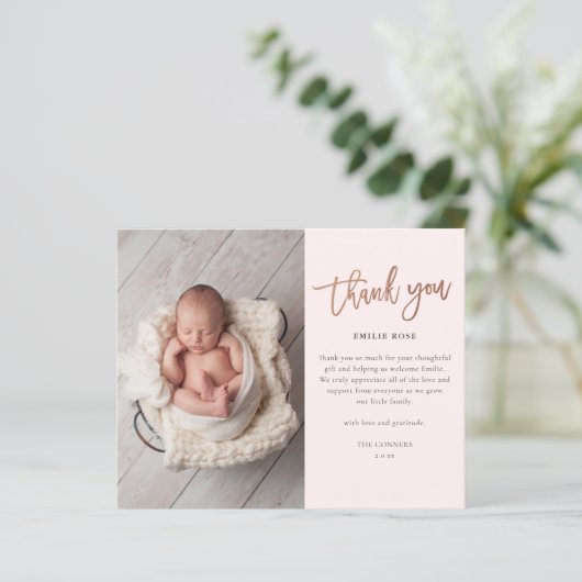 Budget Script Baby Foto Danke Karte (Stehend Vorderseite)