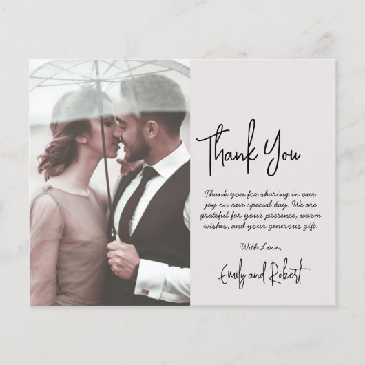 Budget Script Beige Hochzeit Vielen Dank Foto Card (Vorderseite)