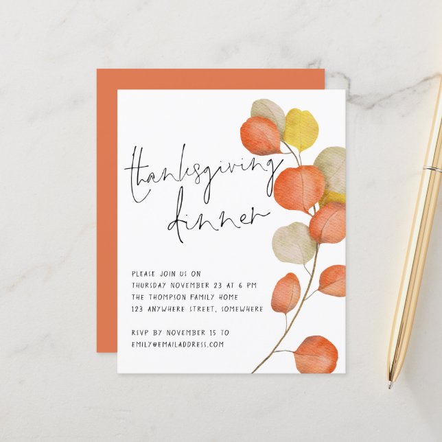 Budget Script Blätter Erntedank Dinner Einladung (Vorderseite/Rückseite Beispiel)