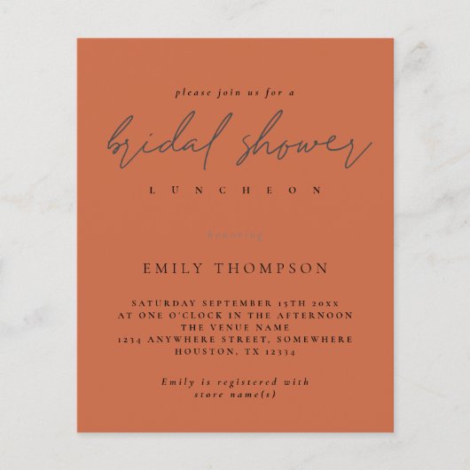 Budget Script Brautparty Terracotta Einladung (Vorderseite)