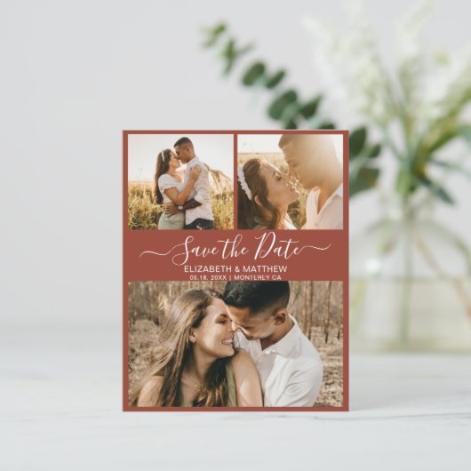 Budget Script Collage Terracotta Save the Date (Stehend Vorderseite)