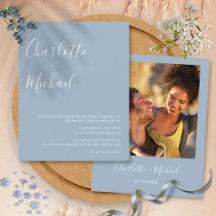 Budget Script Dusty Blue Foto Hochzeit Einladung