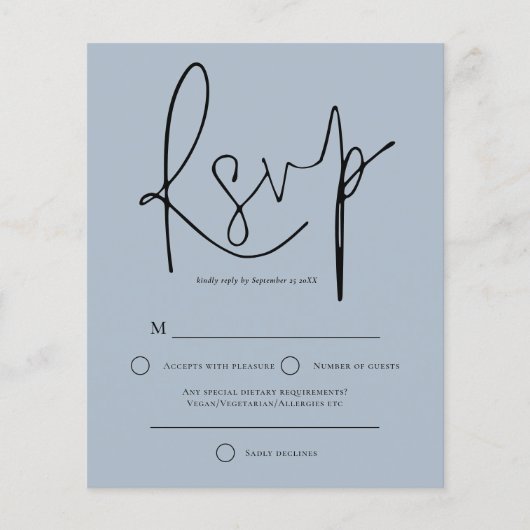 Budget Script Dusty Blue Wedding RSVP (Vorderseite)