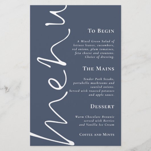 Budget Script Dusty Navy Blue Wedding Menu (Vorderseite)