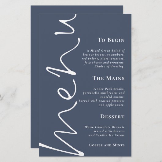 Budget Script Dusty Navy Blue Wedding Menu (Vorne/Hinten)