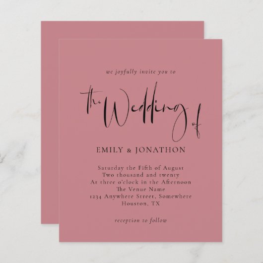 Budget Script Dusty Rose Hochzeit Einladung (Vorne/Hinten)